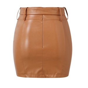 Women's High-Waist Faux Leather Mini-Skirt Shiny PU Leather Bodycon Embroidery Zipper Bow-Belt Soft-Tight Fit-Clubwear - Product Image 3
