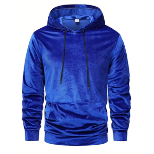 Men's <b>Velvet</b> Hooded Sweatshirt Solid Blue Regular Fit Casual Autumn Pocket Design Knitted <b>Hoodie</b> trending new arrival 2026 style - Product Image 1