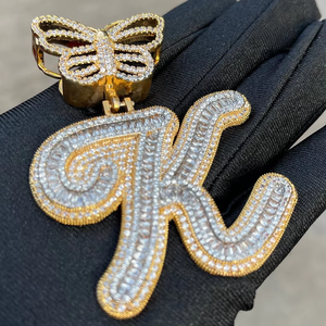 Pendentif de luxe personnalisé avec nom, plaqué or 18 carats, moissanite taille baguette, serti en canal, breloques à thème, style Hip Hop Iced Out pour homme - Product Image 2