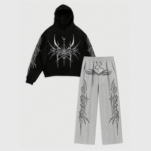 Custom Unisex <b>Skeleton</b> Meditation Hoodie with Grey Wide Leg Sweatpants Tribal Graphic Gothic Streetwear Two Piece Relaxed Y2K - Product Image 1