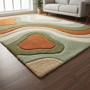 Earth Tone Abstract Area Rug Wave Pattern Rug Hand Tufted Carpet for Soft Plush Modern Living Room Bedroom Decorative <b>Floor</b> Rug - Product Image 5