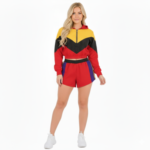 ชุดเซ็ตเสื้อแจ็คเก็ตครอปตัวสั้นกันลมแบบซิปและกางเกงขาสั้นเอวสูงสำหรับผู้หญิง ขายส่ง เสื้อผ้ากีฬาฤดูร้อน - Product Image 1