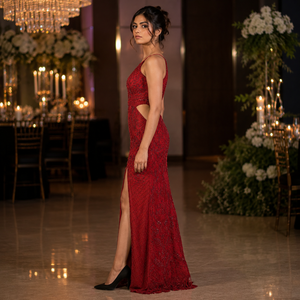 Luxury Red Embroidered Evening Gown for Women | High Slit Halter Neck Formal Maxi Dress | Elegant Prom Wedding Reception Party - Product Image 2