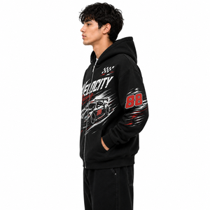 Sudadera con capucha deportiva para hombre, con gráficos de carreras, de algodón negro, forro polar, con cremallera, oversize, con logo personalizado, para otoño/invierno, OEM, al por mayor - Product Image 2