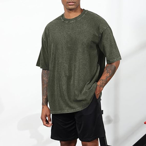 Camisetas para hombre verde oliva, estilo vintage, lavado ácido, de algodón grueso, hombros caídos, estilo streetwear. - Product Image 3