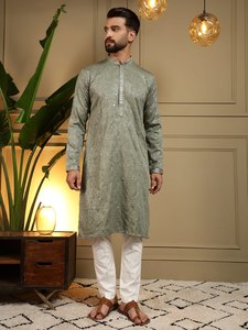 <b>Men's</b> Purple Silk <b>Kurta</b> With Glitter Print Regular Fit Ankle Length Traditional Indian Pakistani Wedding Wear - Product Image 5