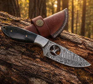 Cuchillo de Camping Personalizado Hecho a Mano de Acero de Damasco con Punta Clip de 3mm, Mango de Cuerno Negro, Funda de Cuero, Grado DIY, OEM Disponible, 9 pulgadas - Product Image 5