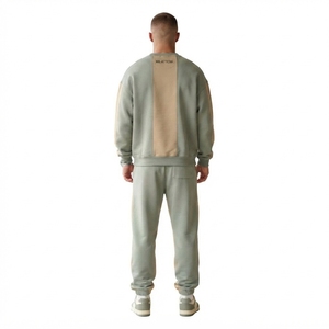Ensemble sweat-shirt et pantalon de survêtement pour homme, col rond, couleurs contrastées, vert sauge, beige, streetwear décontracté, vêtements assortis, logo personnalisé - Product Image 2
