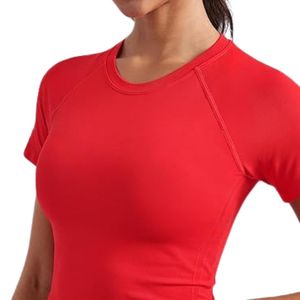 <b>Red</b> Crew Neck Women Yoga <b>Crop</b> <b>Tops</b> Nylon Spandex Lightweight Sweat Wicking High Quality Workout Tees - Product Image 3