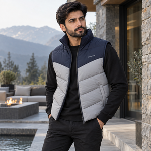 Chaleco de plumón personalizado para hombre con relleno de plumón aislante, forro cómodo, capa exterior resistente, diseño sin mangas y corte elegante. - Product Image 1