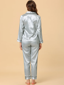 Ensemble de pyjama de salon boutonné en satin respirant pour femmes vêtements de nuit doux avec motif solide pour l'été, l'automne et le printemps - Product Image 4