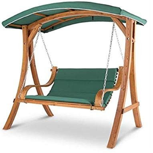 Balançoire en bois en forme de A pour l'extérieur, équipée d'un auvent en tissu vert et de coussins verts assortis, disponible à prix de gros. - Product Image 1