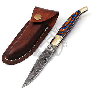 Couteau pliant haut de gamme en acier Damas avec étui en cuir, couteau de chasse Laguiole avec poignée en bois orange et bleu et bolster en laiton - Product Image 2