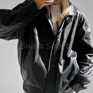 Chaqueta Oversize de Moda para Mujer con Cremallera, Chaqueta de Cuero Genuino de Color Sólido para Mujer - Product Image 3