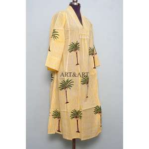 Robe midi ample pour femme, légère, écologique, en coton respirant et lavable, imprimé palmiers, élégante, col en V, manches 3/4 - Product Image 4