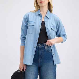 Camisa de Mezclilla de Manga Corta para Mujer, Cuello Alto, 100% Algodón Orgánico, Corte Ajustado, Ideal para Oficina, Estilo Casual de Verano - Product Image 1
