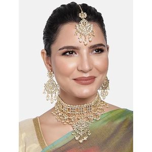 Ensemble collier et boucles d'oreilles en alliage de laiton plaqué or 14 carats avec perles d'imitation en cristal, bijoux ethniques pour femmes, design floral - Product Image 5