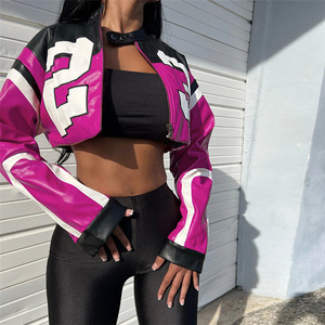 Women's Autumn Winter Button Zipper Closure Quick Dry Polyester/Cotton Moto Biker Crop <b>Jacket</b> - Product Image 5