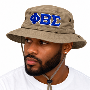 Phi Beta Sigma <b>Men</b> Khaki Boonie Bucket <b>Hat</b> Blue Greek Letter Embroidery <b>Wide</b> <b>Brim</b> Outdoor Sun Protection Adjustable Chin Strap - Product Image 1