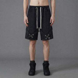 Custom Logo <b>Black</b> Baggy Denim <b>Shorts</b> with Elastic Waist Drawstring, Streetwear Long <b>Jean</b> <b>Shorts</b> with Strap Detail Wholesale - Product Image 3