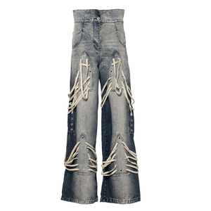 Jean large à lacets pour femme, en denim déchiré, style streetwear, avec détails en dentelle, taille haute, coupe baggy, jambe évasée - Product Image 4