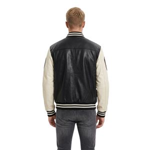 Blouson en cuir pour homme avec écussons en cuir motif couronne de baseball, en cuir de vachette véritable, broderie de lettres foncées, coupe-vent universitaire à rayures côtelées - Product Image 2