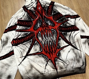 Vente en gros de sweats à capuche pour hommes de haute qualité, style Y2K, entièrement zippés, avec impression graphique de crâne rouge airbrush, coupe oversize, en coton lourd mélangé. - Product Image 5