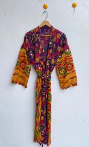 Camisón Kimono Floral con Cuello en V para Mujer, Estilo Phulkari Nupcial, 100% Algodón Tejido, Cintura Elástica, Mangas Largas, Opción Personalizada - Product Image 4