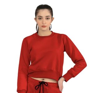 Sweat-shirt court rouge à col rond et manches longues pour femme, coupe ajustée, décontracté, avec détail taille élastique, style minimaliste, pour le quotidien et les activités sportives - Product Image 1