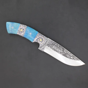 Couteau de chasse artisanal haut de gamme LEGACY BLADES avec manche en cuir, acier au carbone gravé, lame fixe à pointe tombante, OEM, pour usage extérieur - Product Image 1