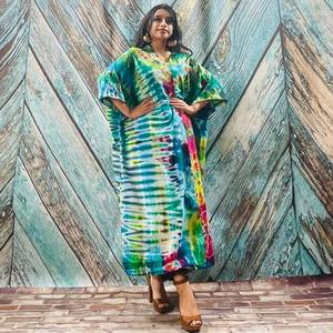 Tie Dye rayonne tissu Long Kimono Boho Style dame plage vacances d'été couvrir Sexy Resort porter femmes Kimono grande taille Kimono - Product Image 1