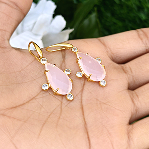 Wholesale jewelry checker cut pink chalcedony with cz accents drop <b>earring</b> 18k gold plated women's fashion statement <b>earrings</b> - Product Image 6