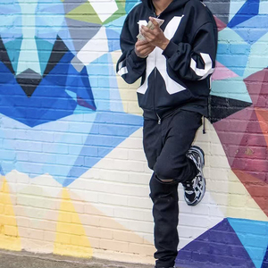 Sweat-shirt à capuche personnalisé avec logo pour homme, noir et blanc, imprimé géométrique X, streetwear, fermeture éclair sur le devant, coupe classique, tricoté en polyester, automne - Product Image 6