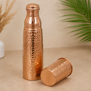Handcrafted Shiny Hammered Pure Copper <b>Water</b> <b>Bottle</b> <b>Glass</b> Set Portable Travel Drinkware Traditional Design - Product Image 3