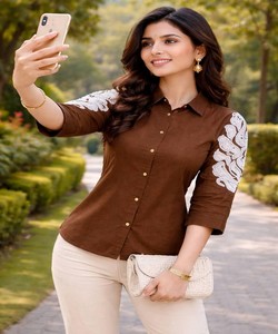 NOUVELLE ARRIVÉE DHABU COTTON BRODERIE MAIN ET TRAVAIL BUTTA TOP UNIQUE VÊTEMENT CASUEL PRIX DE GROS VÊTEMENT ETHNIQUE MARRON - Product Image 2