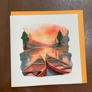 Carte d'invitation personnalisée en papier 3D avec technique de quilling, scène moderne de coucher de soleil sur le lac avec canoës, impression numérique, vernissage mat, forme irrégulière - Product Image 1