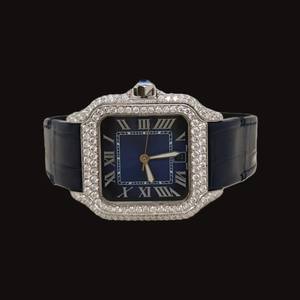 Luxury Classic Date <b>Watch</b> Moissanite Cut Diamond Half Iced <b>Blue</b> Leather Belt Roman Dial 22mm Band Width Analog <b>Man's</b> <b>Watch</b> - Product Image 1