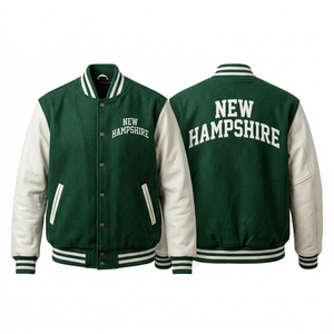New Hampshire High Quality Varsity <b>Jacket</b> <b>Men's</b> Green <b>White</b> Leather Sleeve Embroidered Letterman Bomber Winter Casual Wear - Product Image 1