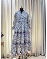 Robe longue en mousseline naturelle pour femme, motif floral, manches bouffantes en coton, style bohème, coupe trapèze ample, taille élastique, imprimée, lavable, pour usage quotidien décontracté