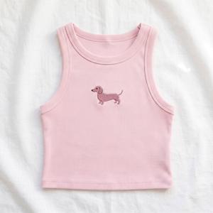 Débardeur court côtelé en coton rose brodé chien teckel pour femme, sans manches, gilet d'été, sous-vêtement décontracté - Product Image 1