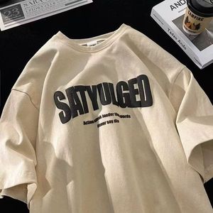 T-shirt en coton surdimensionné Satyulged pour homme, décontracté, à manches courtes, col rond, imprimé avec des lettres, noir beige - Product Image 2