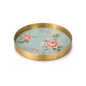Plateau de service rond personnalisé, finition or rose poli, motif floral, élégant, usage résidentiel - Product Image 1