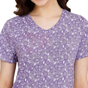 Camiseta de Manga Corta con Cuello en V y Estampado de Patrones en Blanco y Morado para Mujer, Ajuste Holgado, Tejido Transpirable, Informal, para Primavera y Verano - Product Image 5