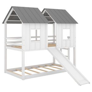 Letto a castello a forma di casa in legno massello con due letti singoli, finestre scorrevoli, bianco, per cameretta dei bambini, uso palestra, letto a soppalco per bambini con contenitore - Product Image 6