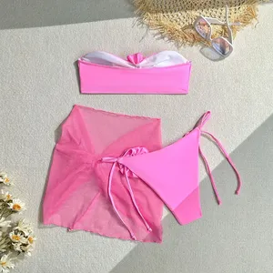 Nuevo Bikini Bandeau 3D con Flores 2026, Traje de Baño Femenino de Tres Piezas con Falda de Malla - Product Image 6
