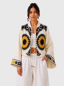 Floral Embroidered Cotton Jacket Stand Collar Full Sleeve Prairie Chic Style Adult Women'<b>s</b> Spring Wear - Product Image 2