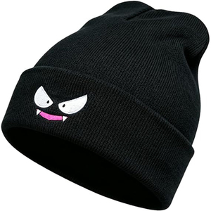 Bonnet noir à personnage avec visage de fantôme brodé, chapeau d'hiver unisexe, tenue décontractée, taille adulte 56-58 cm - Product Image 1