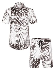 Conjunto cómodo para hombre con estampado floral de hojas, camisa de manga corta y pantalones cortos a juego, ideal para vacaciones de verano, informal, colorido, conjunto de dos piezas para hombre. - Product Image 6