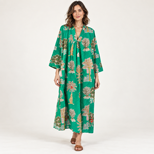 Vestido Maxi con Estampado Tropical Verde, Cuello en V, Estilo Boho Holgado, Manga Tres Cuartos, Verano, Casual, Tejido de Algodón 100% - Product Image 1