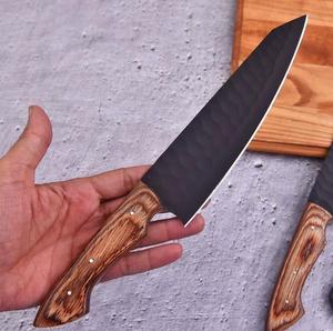 Couteaux de chef personnalisés en 5 pièces avec revêtement en poudre, manche en bois naturel, bord dentelé tranchant, multi-usages, écologiques - Product Image 4